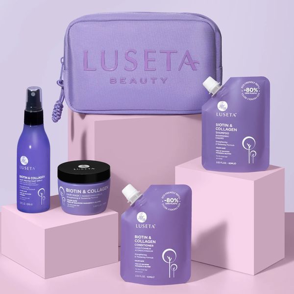 Набір для тонкого та ламкого волосся з косметичкою Luseta Beauty Biotin & Collagen Jet-Set Hair Strengthen Kit 810041442956 фото